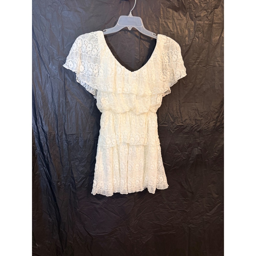 White Lace Tiered Ruffle Mini Dress Ivory Floral Flutter Sleeve Boho Summer